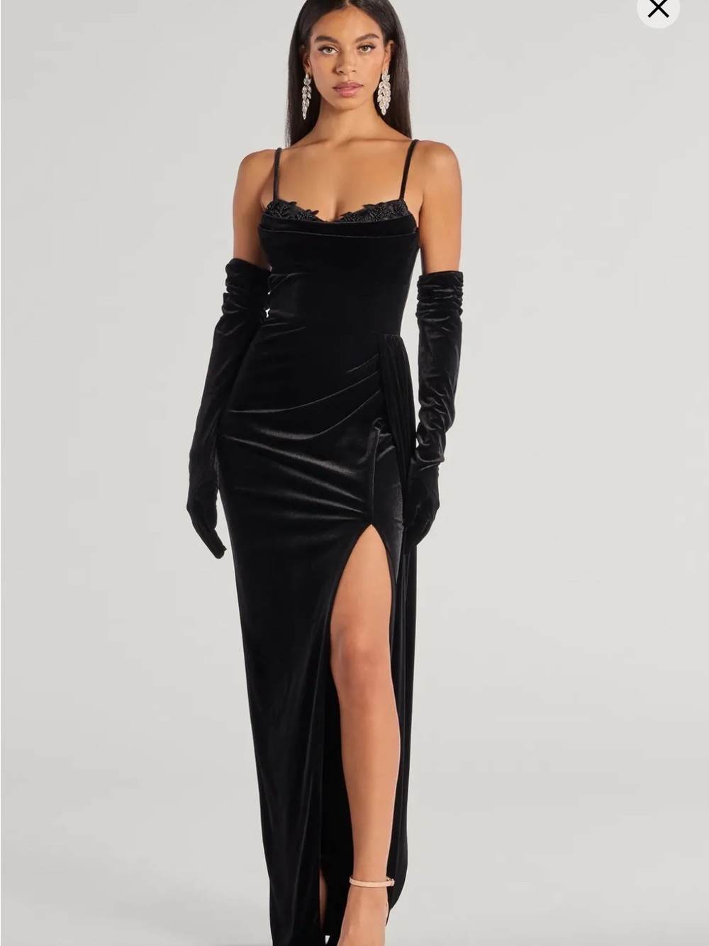 Black Velvet Lace-Trim Evening Gown - Brand: